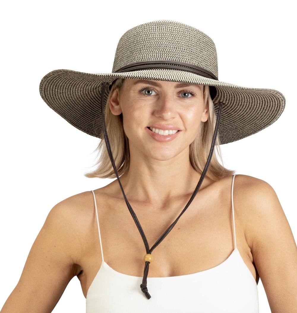 Women's Wide Brim Braided Sun Hat with Wind Lanyard - UPF 50+ | Sage | Size M